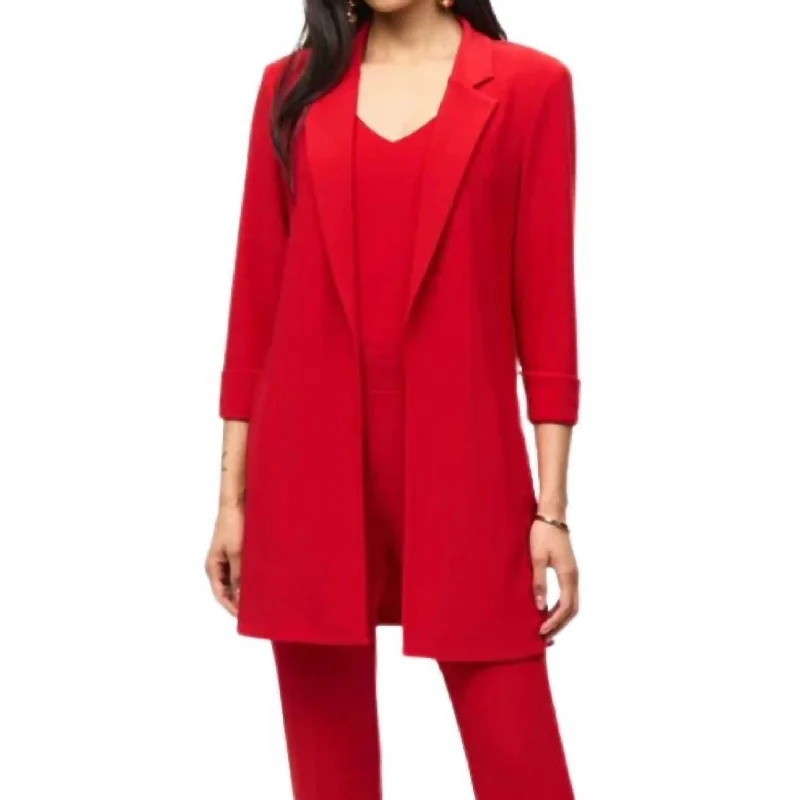 stylish outerwear for ladies -Knit Long Blazer In Red