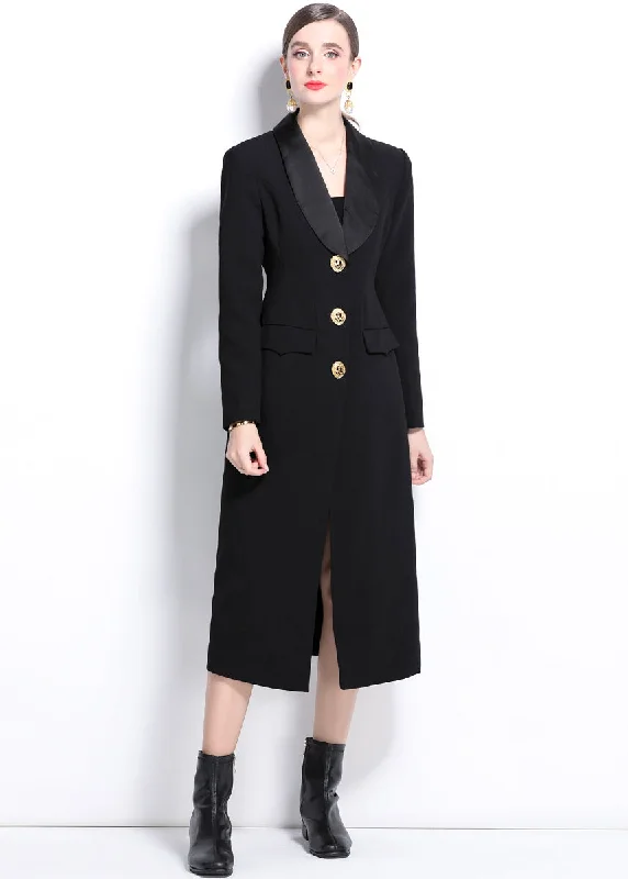 fleece jackets for women -Black Shawl Collar Single Breasted Long Trench Coat