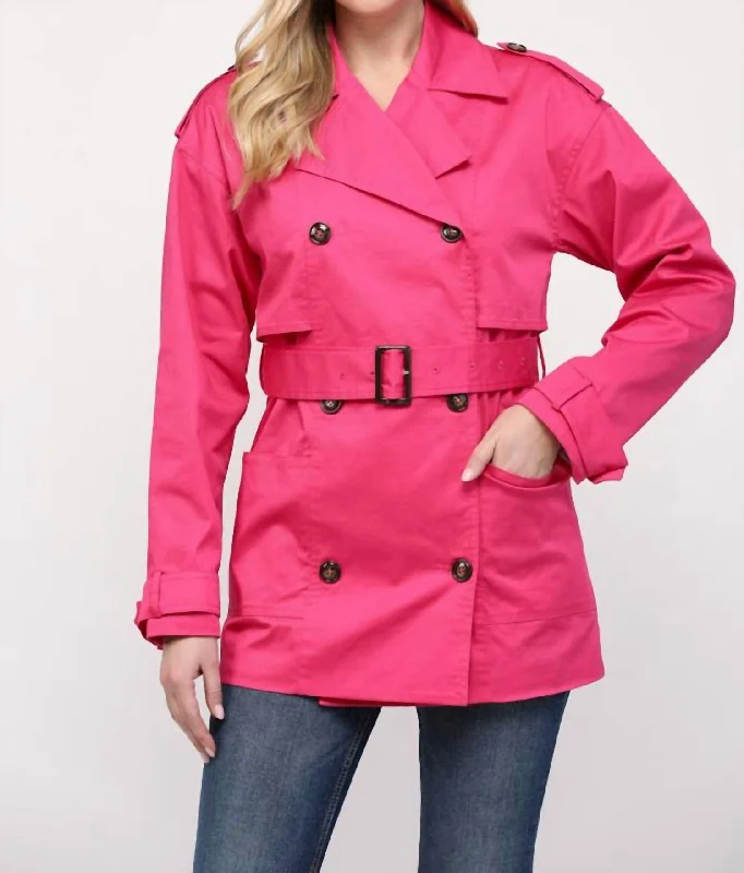 women's hooded coats -Belted Short Trench Coat In Fuchsia