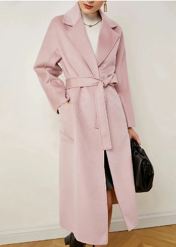 reversible jackets for women -Pink Wool & Cashmere Belted Wrap Long Coat