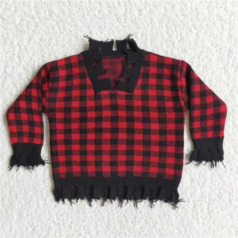 cozy women's tops -Cute girl Red grid sweater