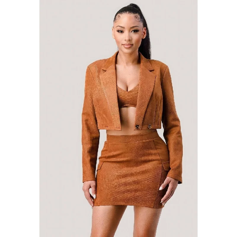 high collar coats for women -Diagonal Bralette With Cropped Blazer Jacket And Mini Skirt 3Pcs Sets