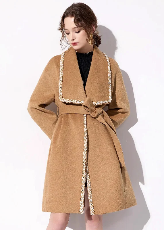 tailored coats for women -Camel Wool Blend Wrap Belted Coat