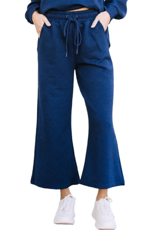 ladies' denim trousers -Hamptons Textured Cropped Wide Pants In Navy