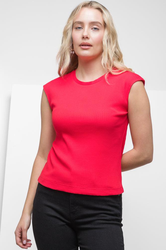 casual blouses with sleeves -Sleeveless Rib Top Red