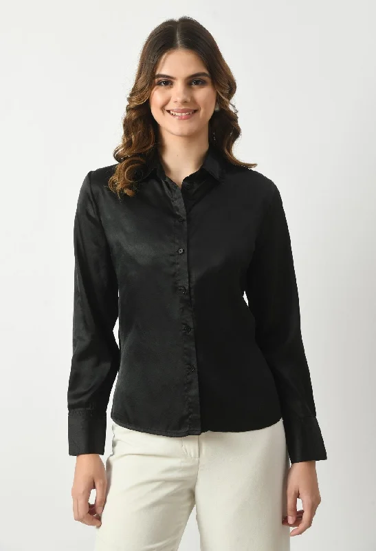 stylish tops for ladies -SMERA MART Women Solid Regular Fit Formal Satin Shirt - Black