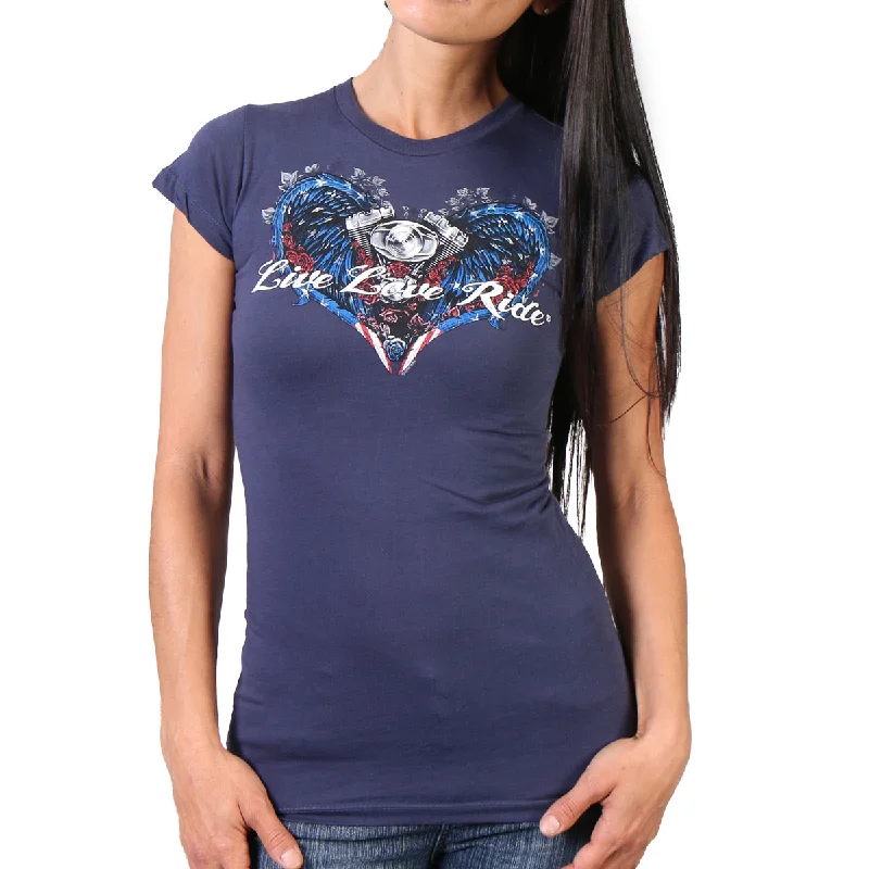 women's satin blouses -Hot Leathers GLD1297 'Live,Love, Ride' Ladies Angel Wings Navy Blue  T-Shirt