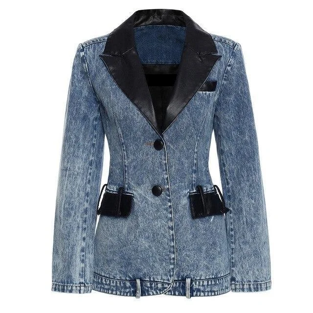 oversized coats for women -Streetwear Leather Collar Denim Blazer For Women