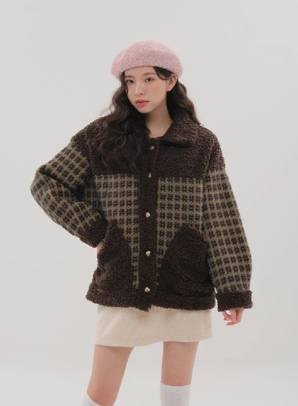 puffer vests for women -Fleece Check Pattern Jacket BS-B04011703