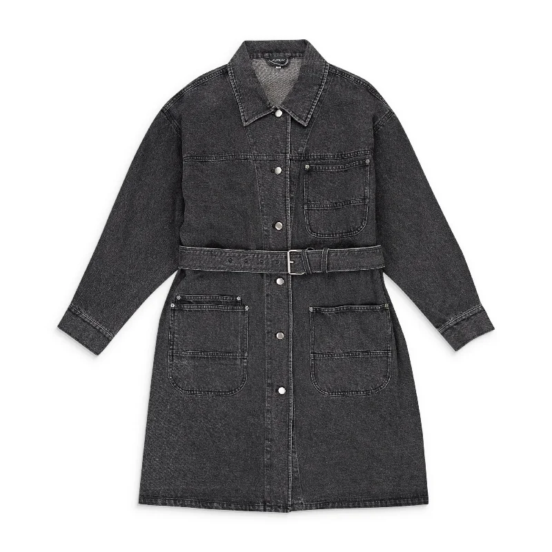 cropped jackets for women -CALLIPYGIAN WASH DENIM BLACK TRENCH COAT