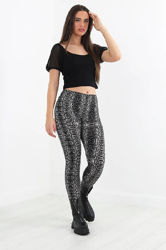 urban style pants for women -GREY SNAKE PRINTED LEGGINGS