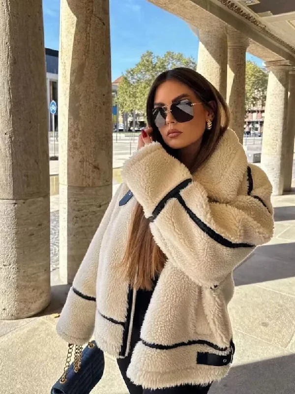 trendy plaid blazers for women -Streetwear White Turn Down Long Pocket Winter Chic Thick Coat