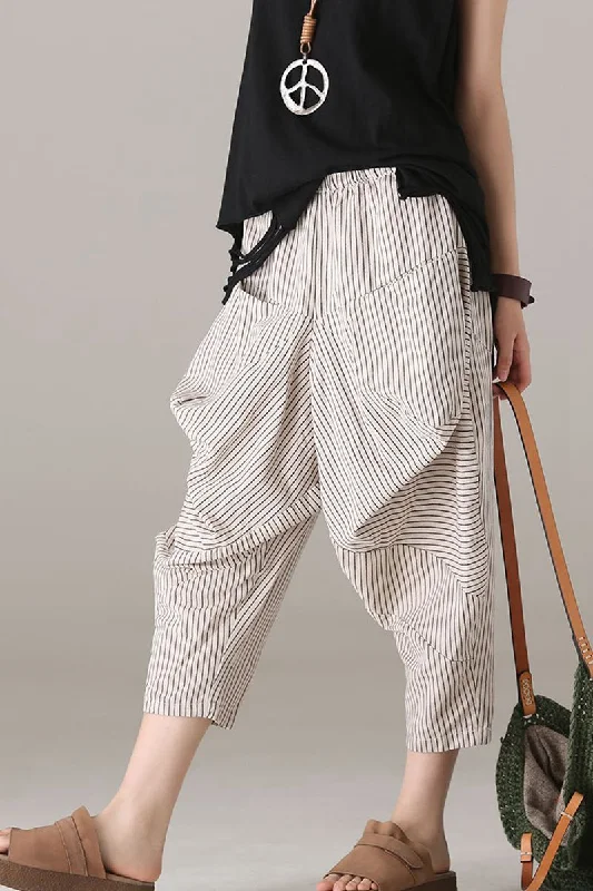 comfortable wide-leg pants -Loose Striped Harem Pants Women Cotton Linen Trouser