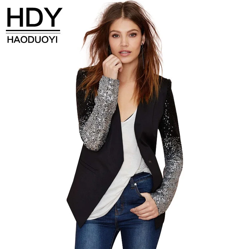 women's sherpa jackets -HDY Haoduoyi Spring Sequin Patchwork Sleeve Jackets PU Leather Slim Fit Club Jacket Causal Winter Coats Female Outwear Hot Sell