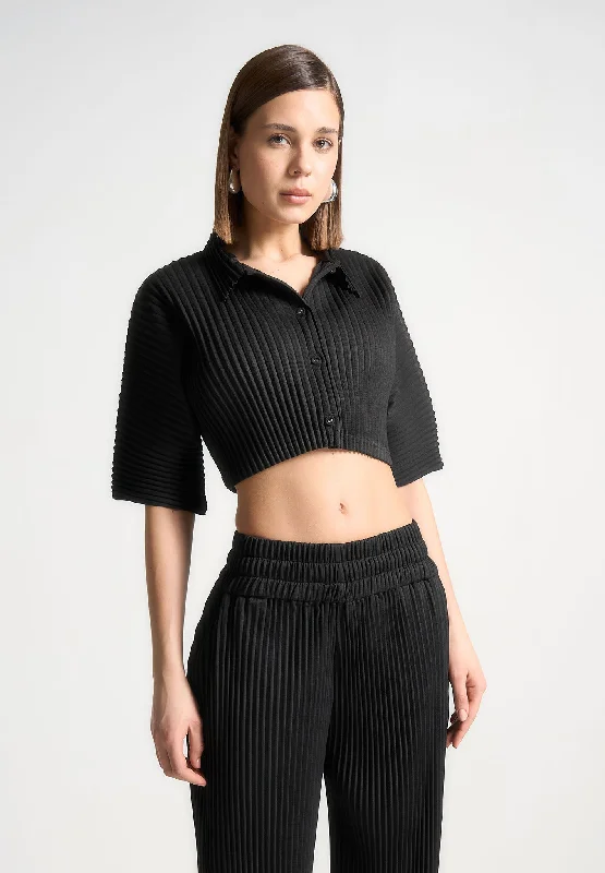 women's chiffon tunics -Pleated Cropped Shirt - Black