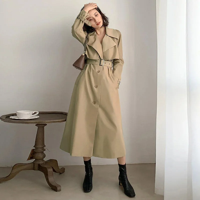 women's winter coats -Khaki Single Breasted Belted Gun Flap Long Trench Coat