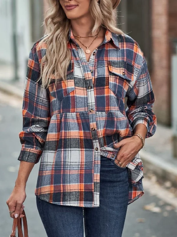 tie-front tops for women -Plaid Button Up Dropped Shoulder Shirt