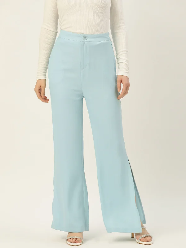 women's jogger pants -Women Turquoise Blue Relaxed Loose Fit High-Rise Trousers