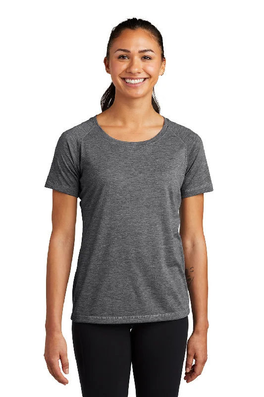 sporty tops for women -Sport-Tek Womens Moisture Wicking Short Sleeve Scoop Neck T-Shirt - Heather Dark Grey