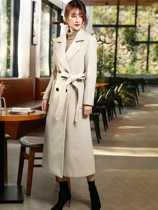 thick winter coats for women -Custom Beige Double Breasted Tie Waist Wool Blend Coat