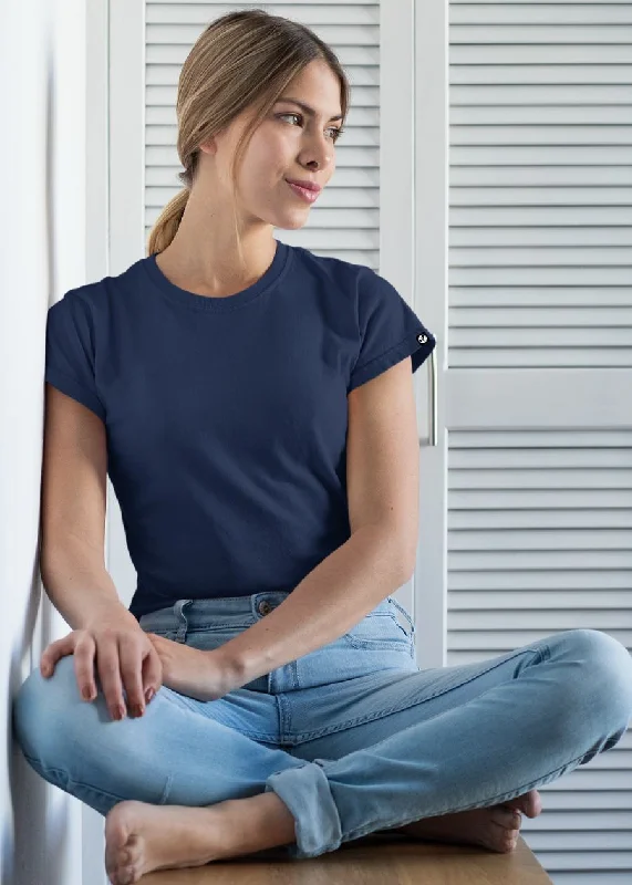 breathable linen tops for women -Women Solid Half Sleeve T-Shirt - Classic Navy