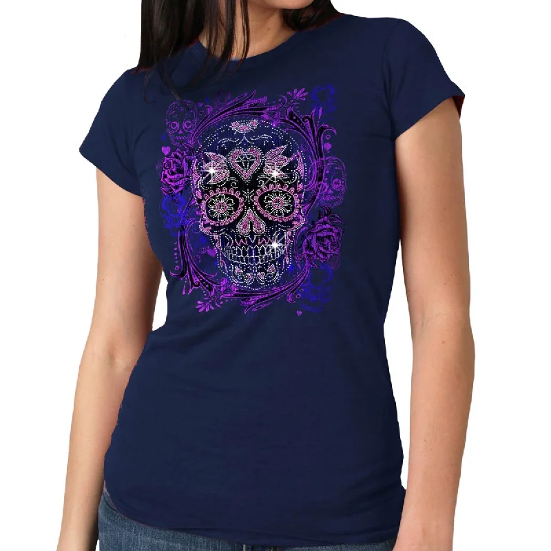 cute tops for women -Hot Leathers GLR1563 Ladies Black Sugar Skull Bling T-Shirt