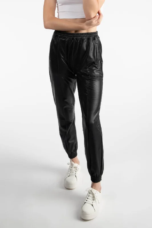 women's tailored trousers -Pleather Jogger In Black