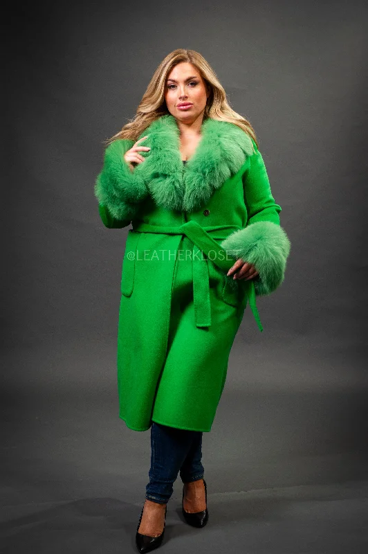 warm fleece parkas for women -Women's Cashmere Trench Coat With Fox Trimming [Green]