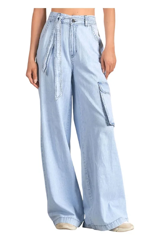 breathable cotton pants for women -Wide Leg Chambray Pants In Blue Wash