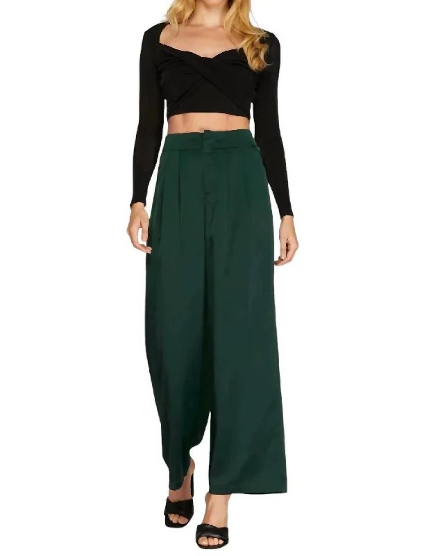 soft lounge pants for women -Satin Wide Leg Pants In Emerald