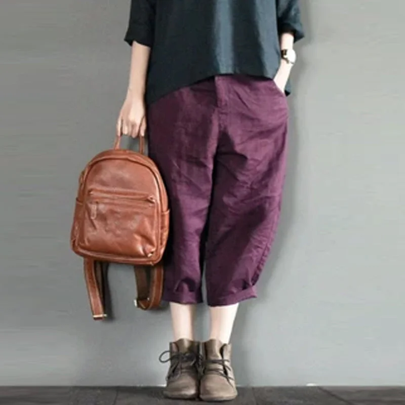 women's wide leg trousers -Purple Linen Turnip Pants Simple Causel Trousers Women Clothes