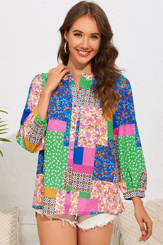 women's party tops -Double Take Patchwork Round Neck Shirt