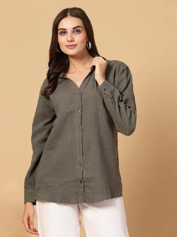 women's lace tops -SMERA MART Women's Double Cloth Cotton Oversized Solid Casual Shirt for Women - Olive