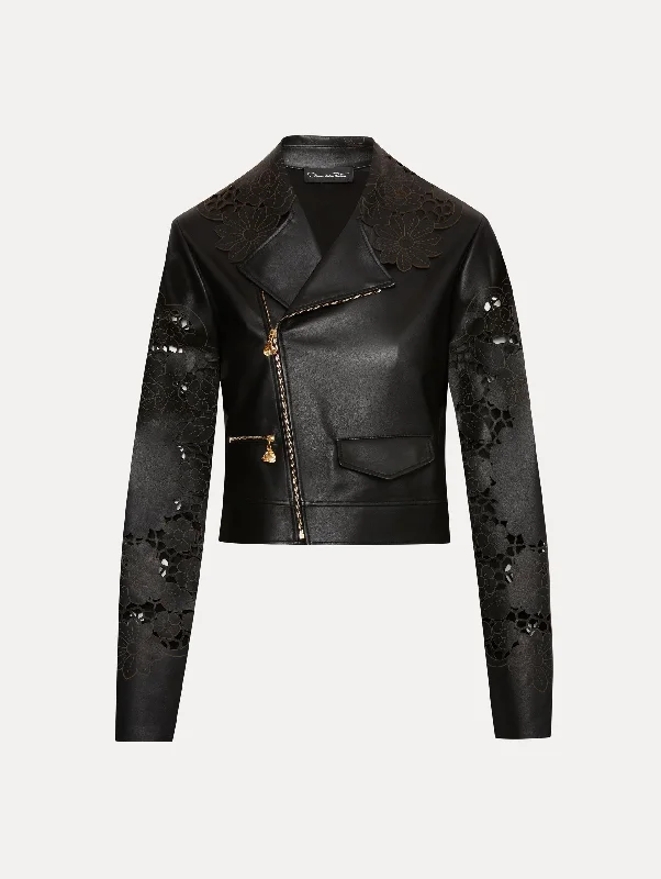 elegant capes for women -Laser Cut Floral Leather Jacket