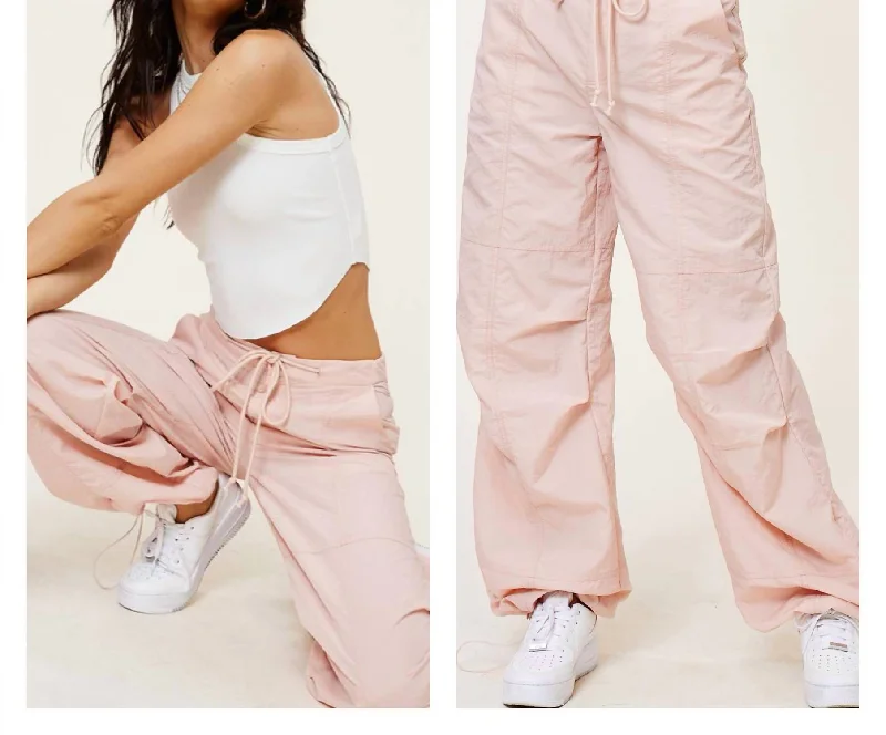 ankle-length trousers for women -Drapy Cargo Pants In Pale Pink