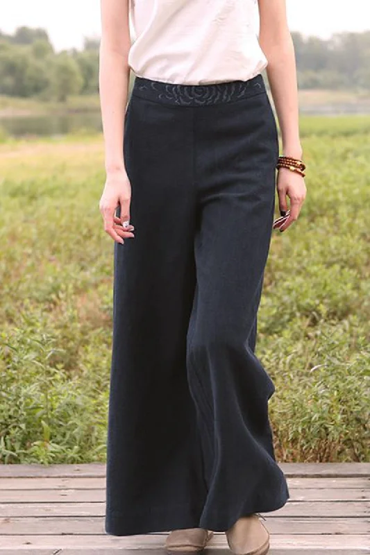 women's pleated pants -Women Loose Wide Leg Linen Long Pants K7051