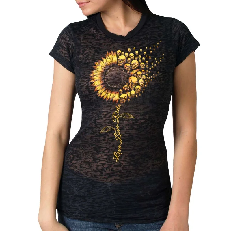 cozy women's tops -Hot Leathers Ladies Burnout Sunflower T-Shirt GLC1587