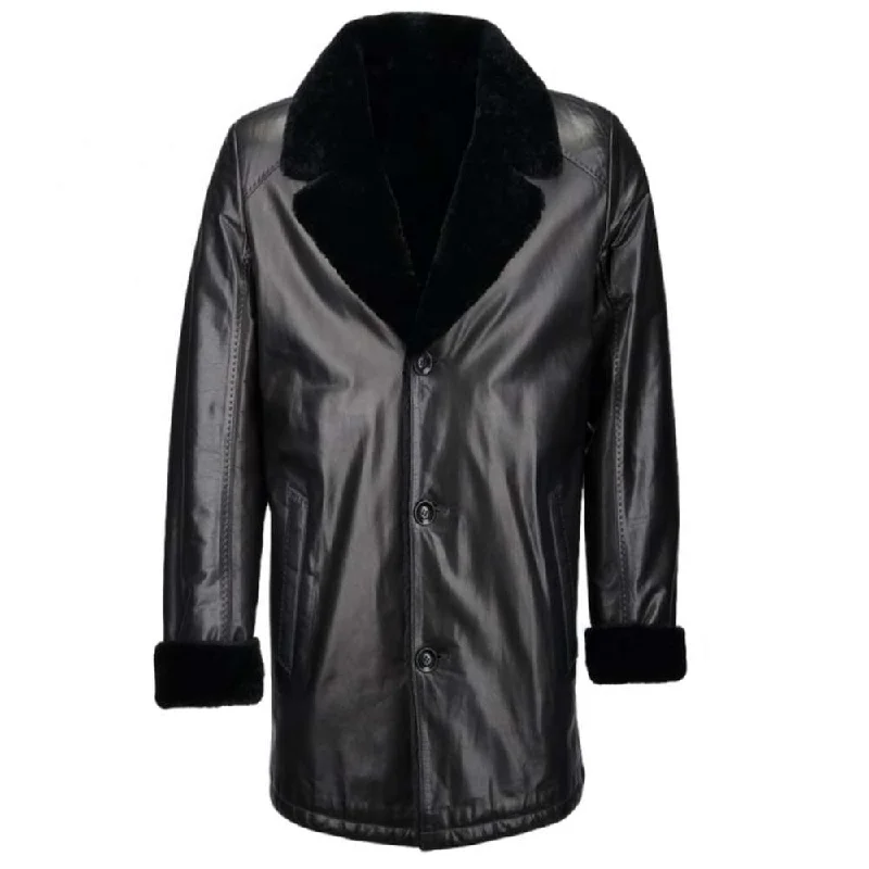 women's faux fur coats -Men's Black Shearling Trench Leather Coat Vintage Fur Overcoat