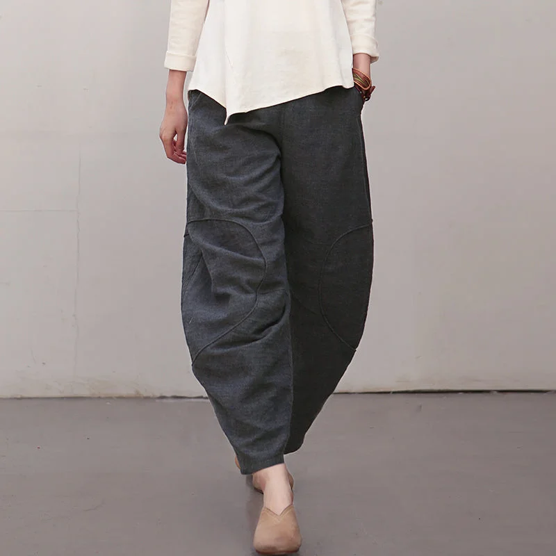 women's elastic waist pants -Women Black Linen Casual Pants Spring Loose Trousers K28019