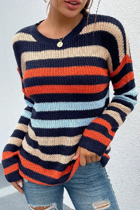 women's silk tops -Color Block Substantial Striped Crew Neck Knit Sweater