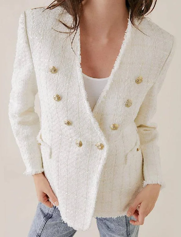 classic wool blazers for women -Double Breasted V Neck Tweed Blazer