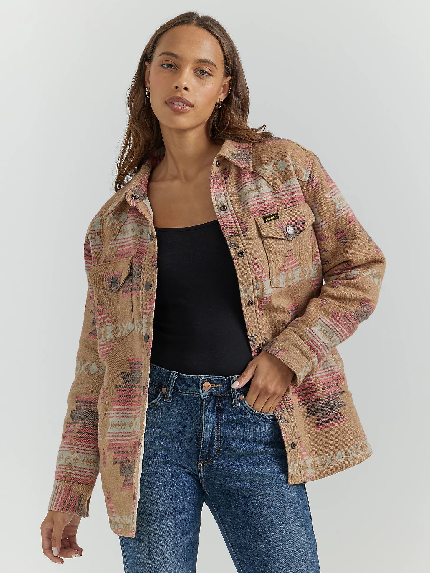 mid-length coats for women -Wrangler Retro Women's Southwestern Jacquard Shacket in Dune