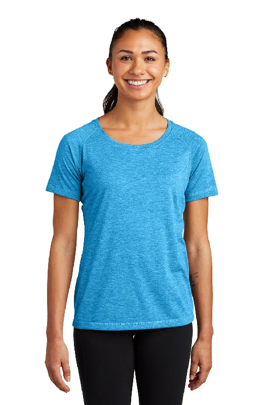 sleeveless blouses for work -Sport-Tek Womens Moisture Wicking Short Sleeve Scoop Neck T-Shirt - Heather Pond Blue