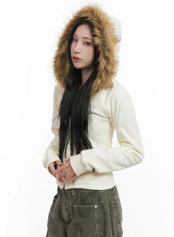 warm fleece parkas for women -Cozy Fur Hooded Crop Jacket CD404