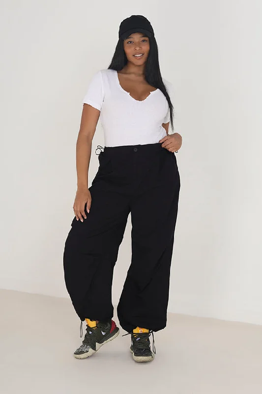 fashionable plaid pants for women -PLUS SIZE BLACK WIDE LEG UTILITY CARGO TROUSERS