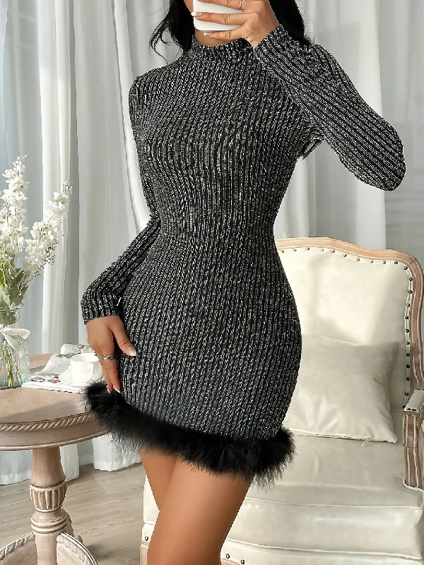 crop tops for women -Faux Fur Patchwork Mock Neck Bodycon Mini Sweater Dress