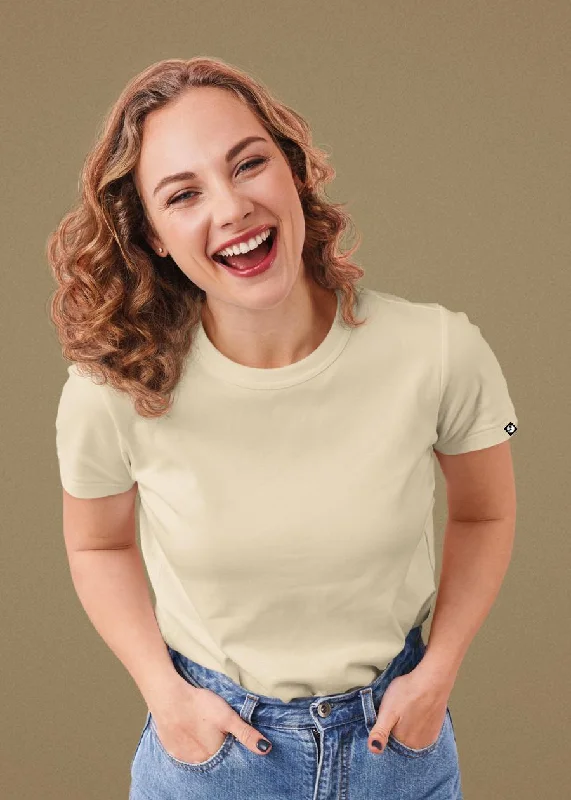 embroidered tops for women -Women Solid Half Sleeve T-Shirt - Beige