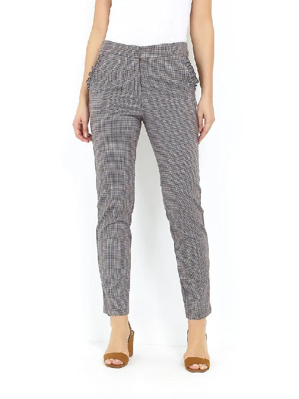 oversized pants for women -FRILL DETAIL CHECKED SLIM LEG TROUSERS