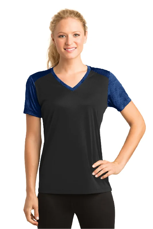 chiffon blouses for women -Sport-Tek Womens CamoHex Moisture Wicking Short Sleeve V-Neck T-Shirt - Black/True Royal Blue - Closeout