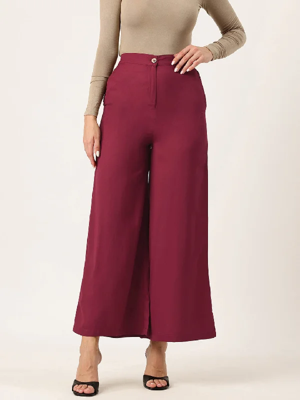 ankle-length trousers for women -Women Maroon Relaxed Loose Fit High-Rise Trousers